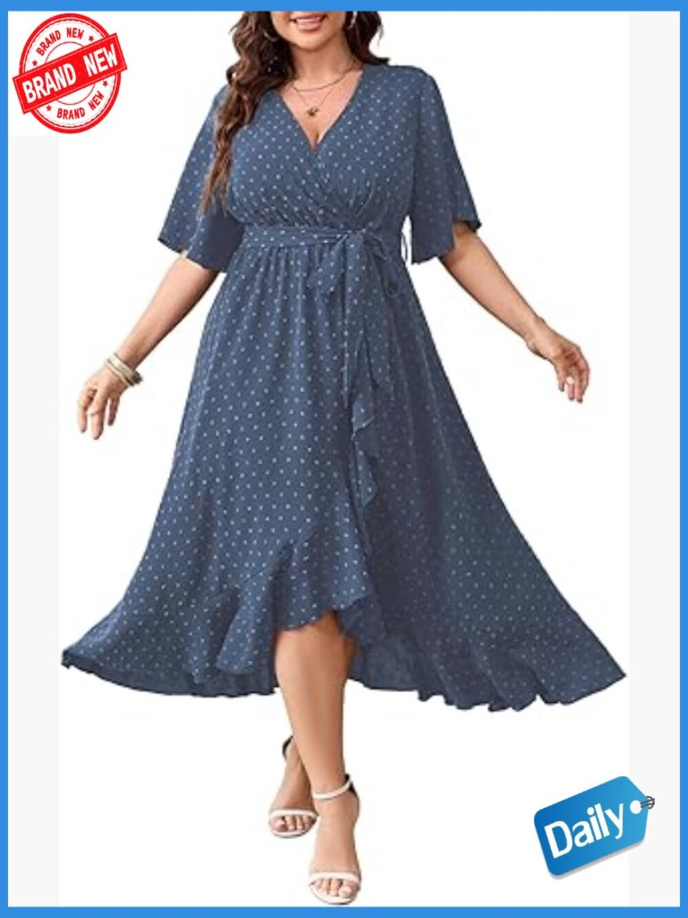 Plus Size Short Sleeve Wrap V Neck Swiss Dot High Low Ruffle Maxi Dress